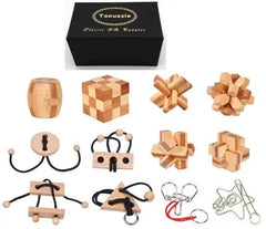 12PCS/Set Bamboo Wooden Puzzle Loop Rope Metal Brain Teaser Puzzles Game Toys for Adults Children Gift Box