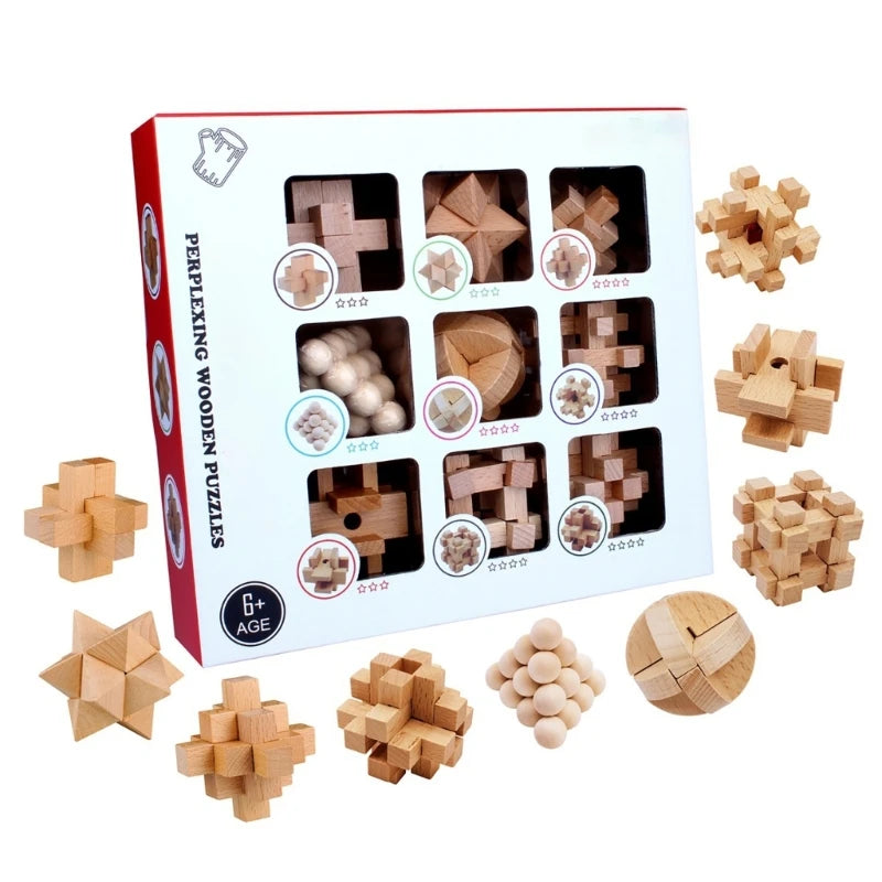 9Pcs 3D Wooden Brains Teasers Puzzle Locks Toy Development Learning Toy