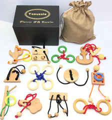 Set of 6/12PCS Magic Brain Teasers Puzzle Logic Wooden Rope Loop Rings Puzzles Game Toys Gift for Adults Kids